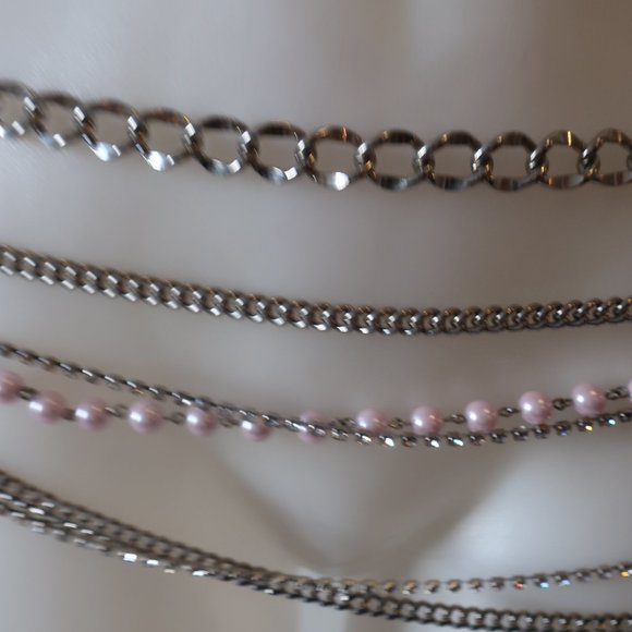 Shag Boutique Silver Multi Chain & Pink Faux Pearls Hip Chain Belt* - Picture 4 of 9